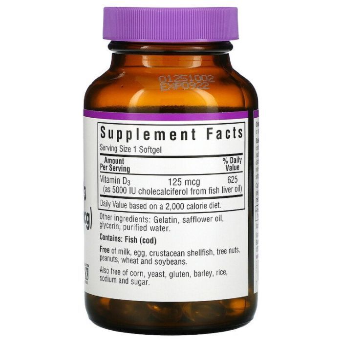 Витамин Bluebonnet Nutrition Витамин D3 5000IU (125 мкг), Vitamin D3, 100 желатиновых ка (BLB-00321) изображение 2