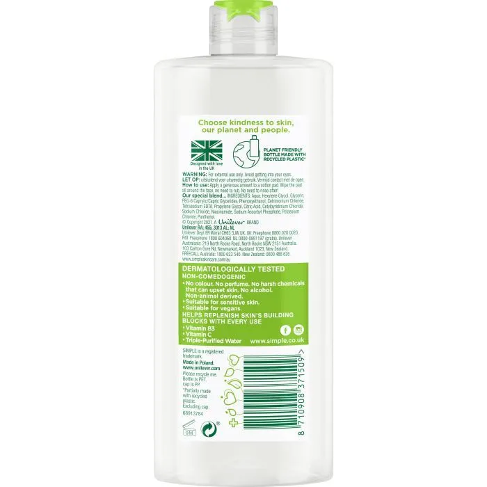 Мицеллярная вода Simple Micellar Water Vitamin B3+C 400 мл (8710908371509) изображение 2