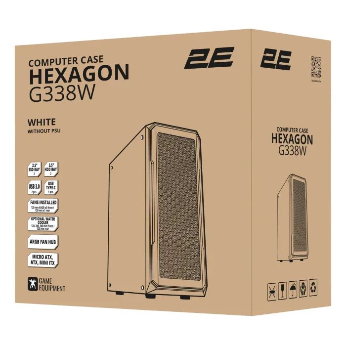 Корпус для ПК 2E Gaming Hexagon G338W, без БЖ, 2xUSB 3.0, 1xUSB Type-C, 1x120mm, 3x120mm ARGB, TG Side Panel, AT (2E-G338W) зображення 7