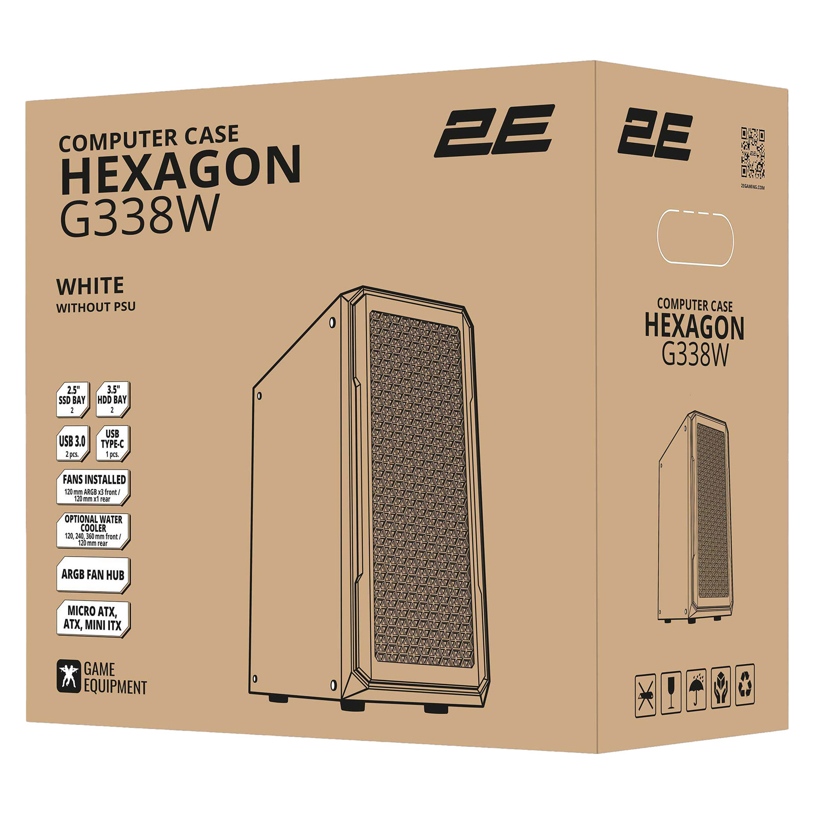 Корпус 2E Gaming Hexagon G338W, без БЖ, 2xUSB 3.0, 1xUSB Type-C, 1x120mm, 3x120mm ARGB, TG Side Panel, AT (2E-G338W) изображение 7