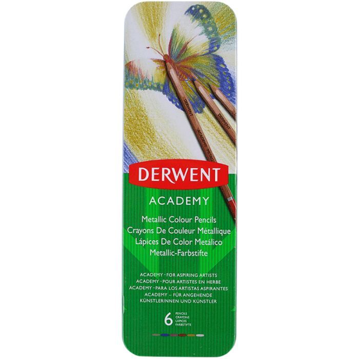 Карандаши цветные Derwent ACADEMY METALLIC, 6 цв. в металлическом пенале (043100982005)