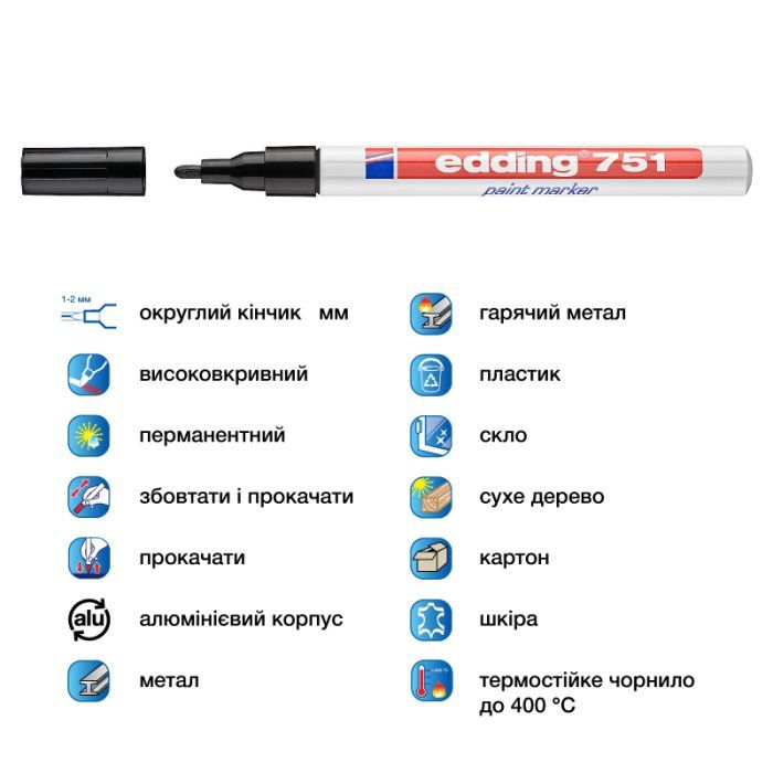 Маркер Edding Paint 1-2 мм круглый черный (e-751/01) изображение 4