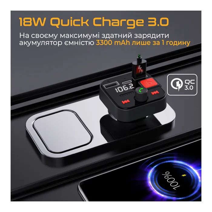 FM модулятор Promate PowerTune 30w USB-A OTG/USB-A QC3.0/USB-C BLACK (powertune-30w.black) зображення 6