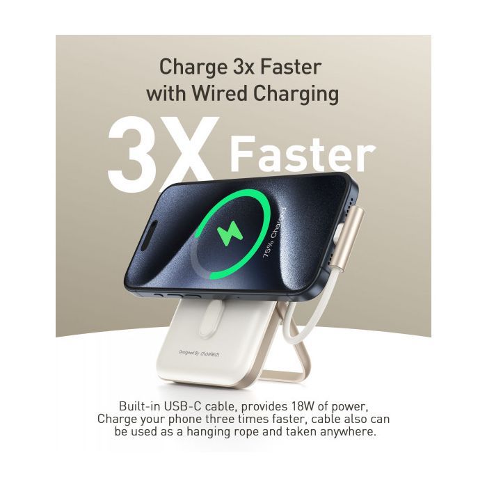 Батарея універсальна Choetech Magnetic Wireless 10000mAh 20W, PD, Qi-15W, USB-C In/Out, buid-in cabel, White (B735-CCWH) зображення 5