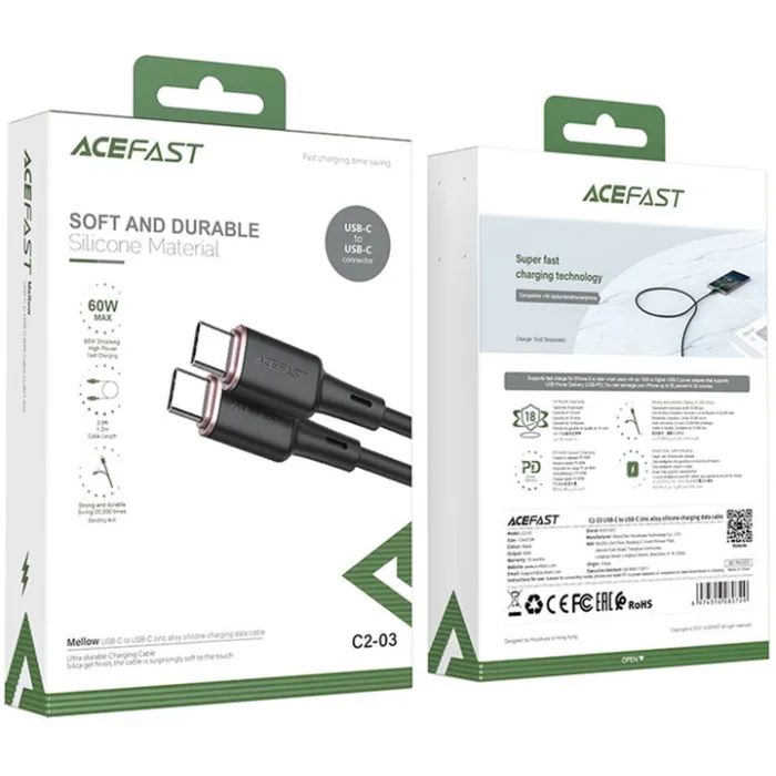 Дата кабель USB-C to USB-C 1.2m 3A 60W silicone C2-03 black Acefast (6974316280729) изображение 3