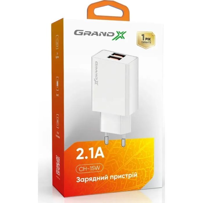 Зарядний пристрій Grand-X CH-15W 2xUSB 10.5W Black (CH-15W) зображення 4