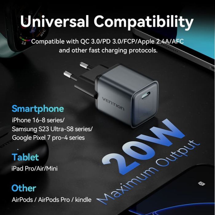 Зарядное устройство Vention USB-C PD20W GaN gray (FEVH0-EU) изображение 10