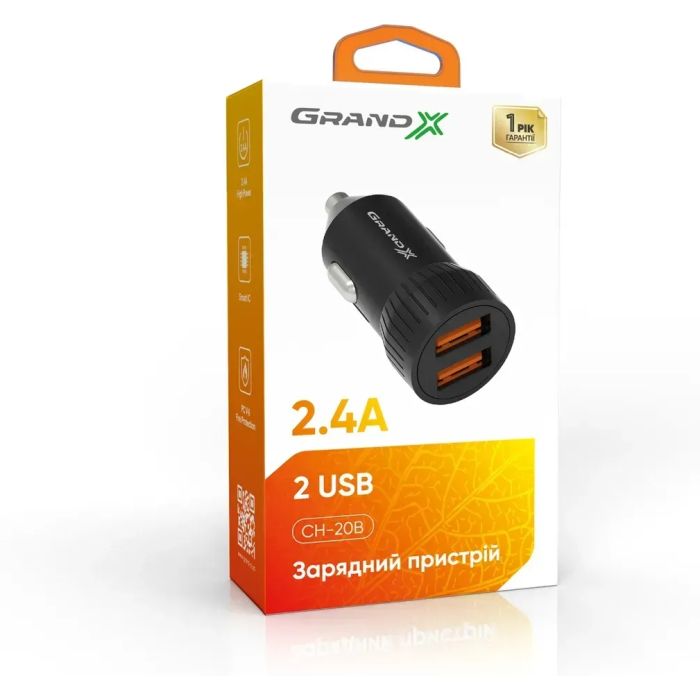 Зарядное устройство Grand-X 1xUSB 2.4A car adapter black (CH-20B) изображение 2
