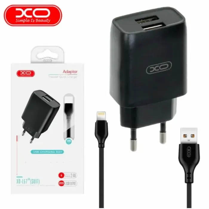 Зарядное устройство XO L54 2xUSB 12W + cable USB to Lightning black (XO-L57-LGHT-BK) изображение 2