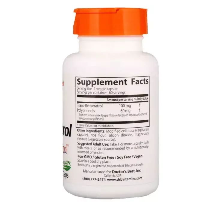 Антиоксидант Doctor's Best Ресвератрол, Trans-Resveratrol, 100 мг, 60 гелевых капсул (DRB-00171) изображение 2