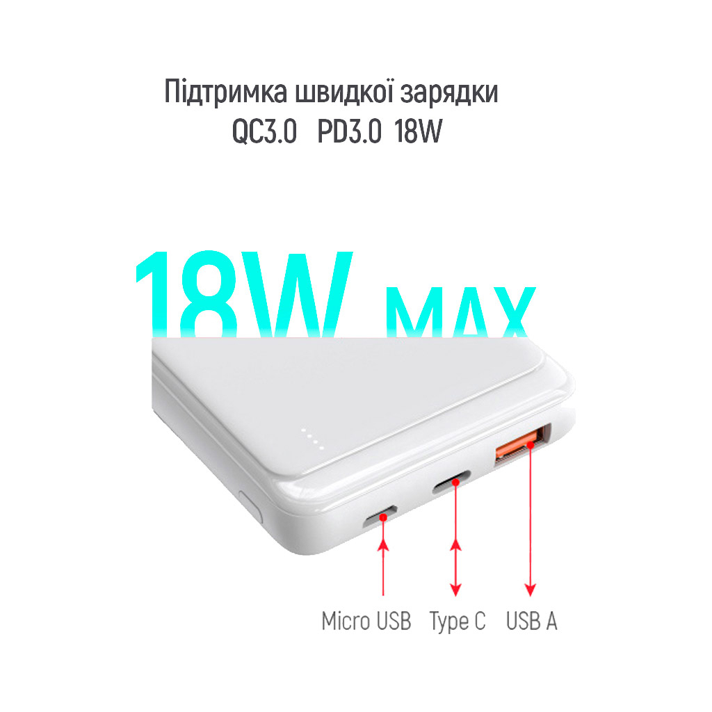 Батарея универсальная ColorWay 10 000 mAh Slim (USB QC3.0 + USB-C Power Delivery 18W) White (CW-PB100LPG3WT-PD) изображение 5