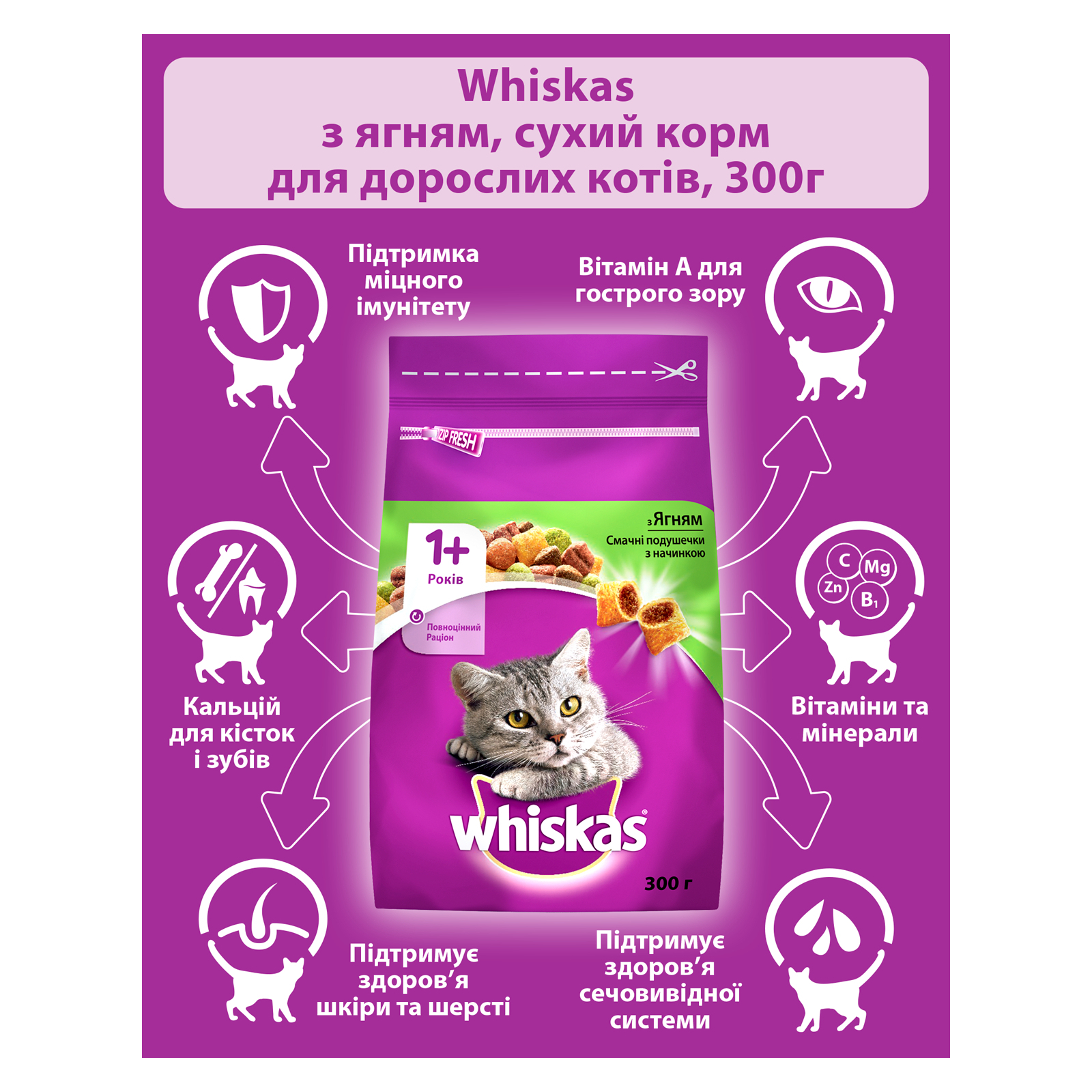 Сухий корм для кішок Whiskas з ягням 300 г (5900951305719/5900951014086) зображення 4