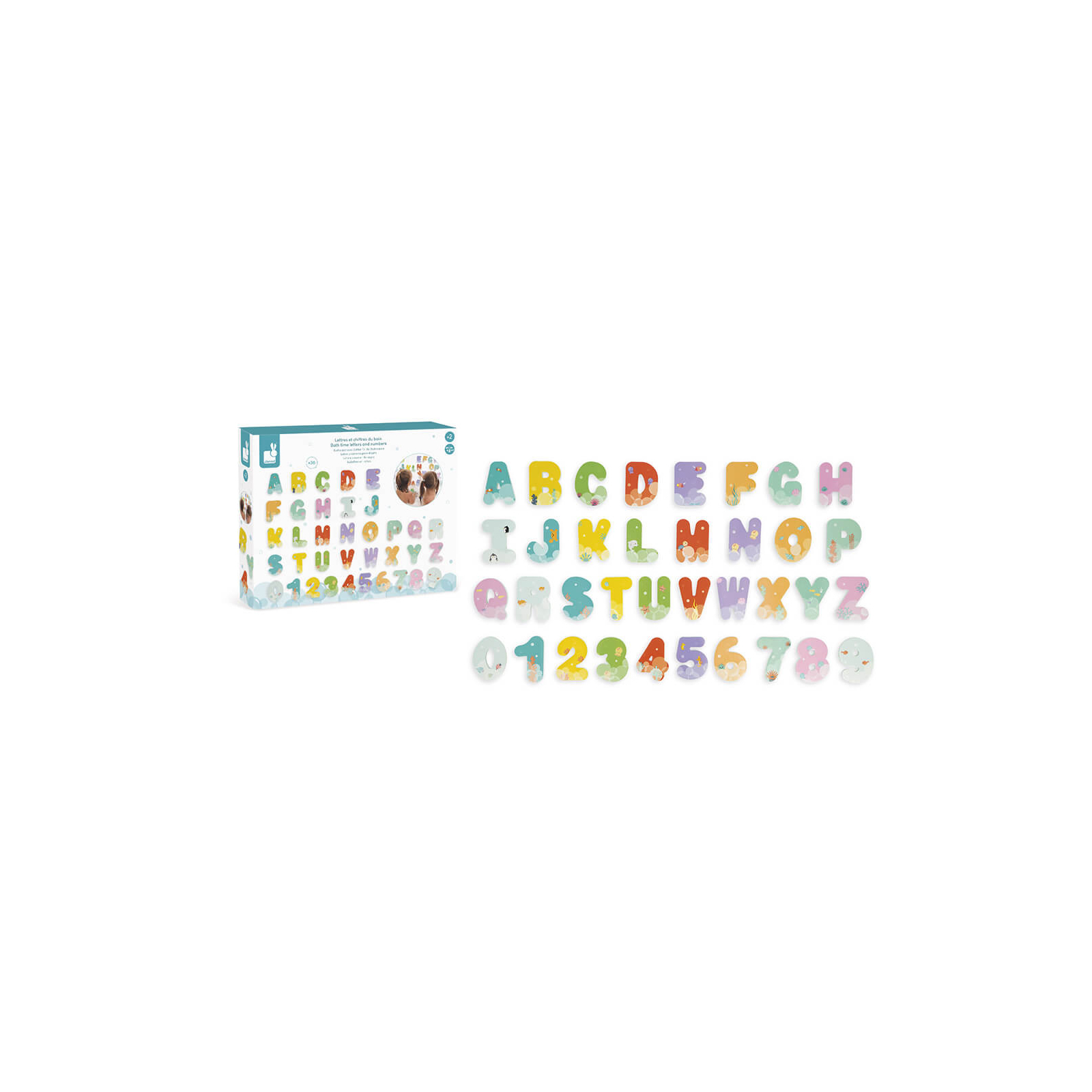 Іграшка для ванної Janod набір цифри та букви (англ. алфавіт) 36 елементів (J04709)