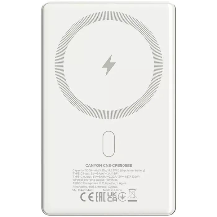 Батарея універсальна Canyon 5000mAh OnPower 505 slim Magsafe PD/20W Beige (CNS-CPB505BE) зображення 3