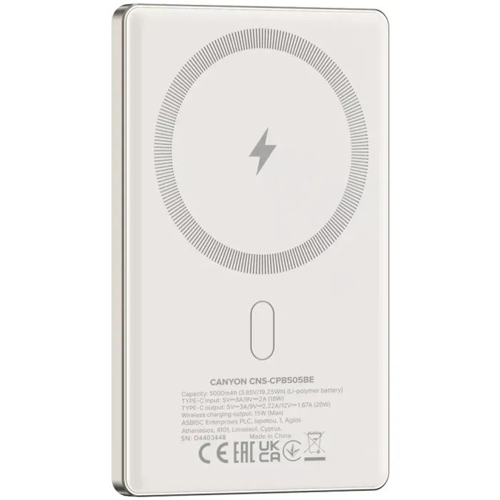 Батарея універсальна Canyon 5000mAh OnPower 505 slim Magsafe PD/20W Beige (CNS-CPB505BE) зображення 4