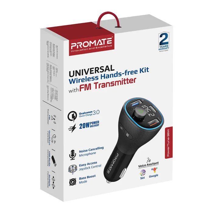 FM модулятор Promate PowerTune 38w USB-A OTG/USB-A QC3.0/USB-C PD Black (powertune-38w.black) изображение 2