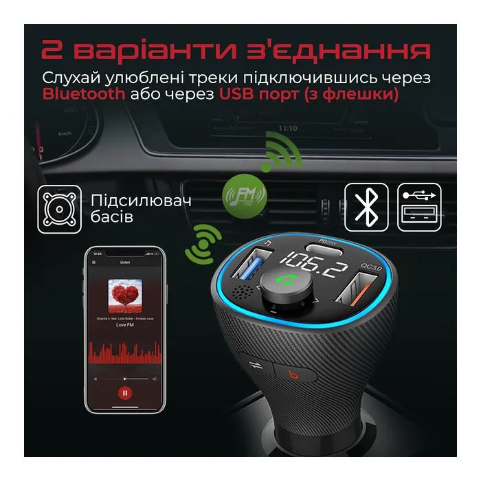 FM модулятор Promate PowerTune 38w USB-A OTG/USB-A QC3.0/USB-C PD Black (powertune-38w.black) изображение 3