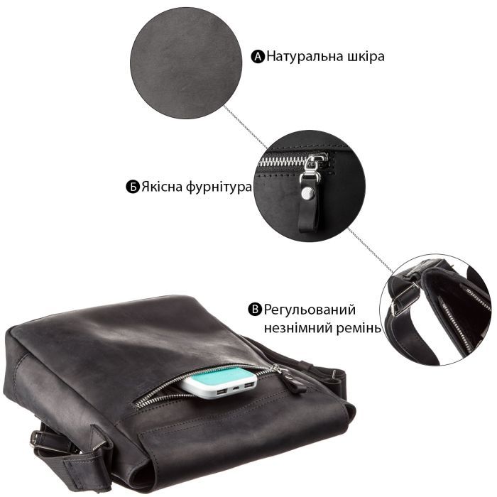 Сумка Shvigel Винтажная кожаная Черная (11172) изображение 4