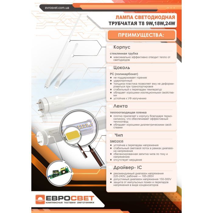 Лампочка EVROLIGHT L-1500 6400K 24Вт G13 T8 зображення 5