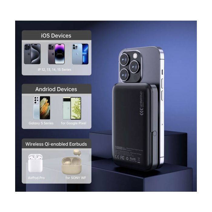 Батарея універсальна Choetech Magnetic Wireless 10000mAh 20W, PD, Qi-15W, USB-C In/Out, with holder, Black (B743-CCBK) зображення 5