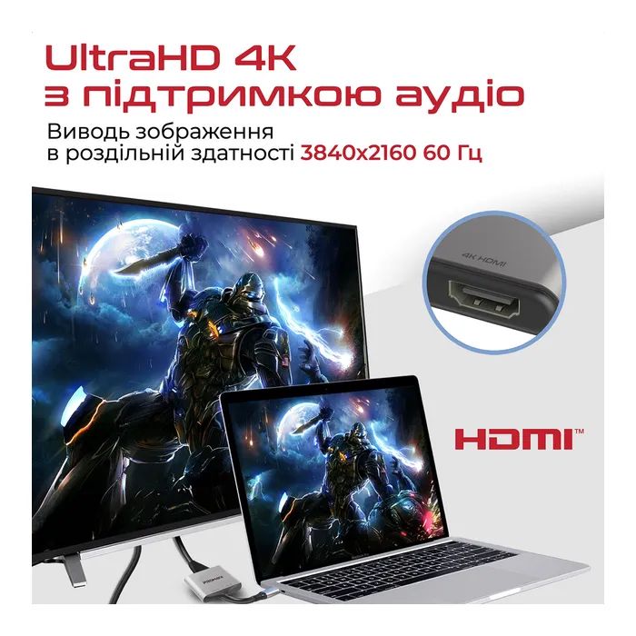 Перехідник USB-C to 2xHDMI 4K Promate (medialink-h2.grey) зображення 4