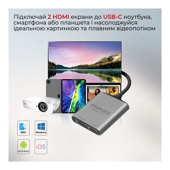 Перехідник USB-C to 2xHDMI 4K Promate (medialink-h2.grey) зображення 5