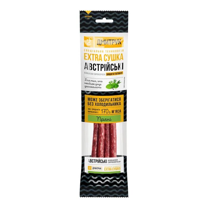 Мʼясні снеки Дмитрук Ковбаски сирокопчені Австрійські 80 г (4820247142754)