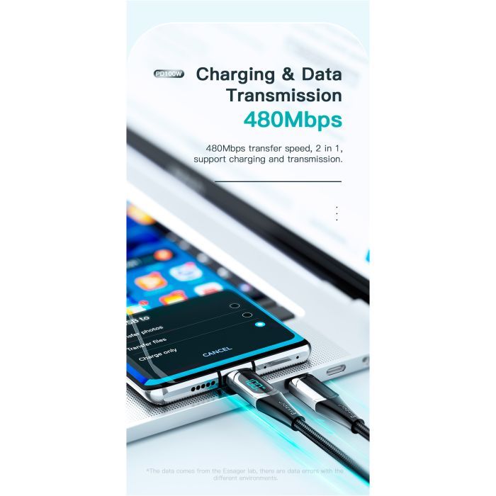 Дата кабель USB-C to USB-C 2.0m 100W Digital Display blue Essager (ES-XCTT1-YDA03) изображение 6