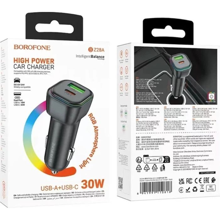Зарядний пристрій BOROFONE 1xUSB-C PD30W + 1xUSB QC3.0 car adapter black (6941991110818) зображення 7
