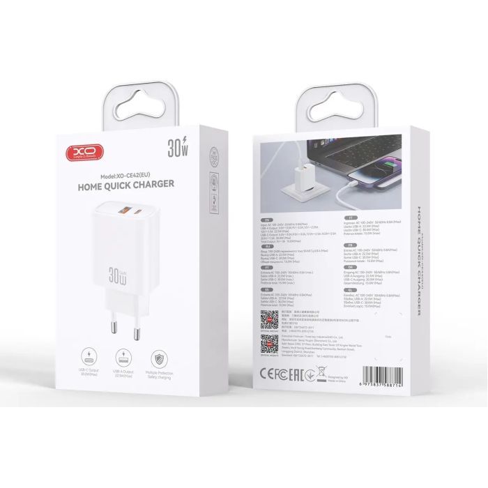Зарядное устройство XO 1xUSB 22.5W + 1xUSB-C PD30W white (CE42.white) изображение 5
