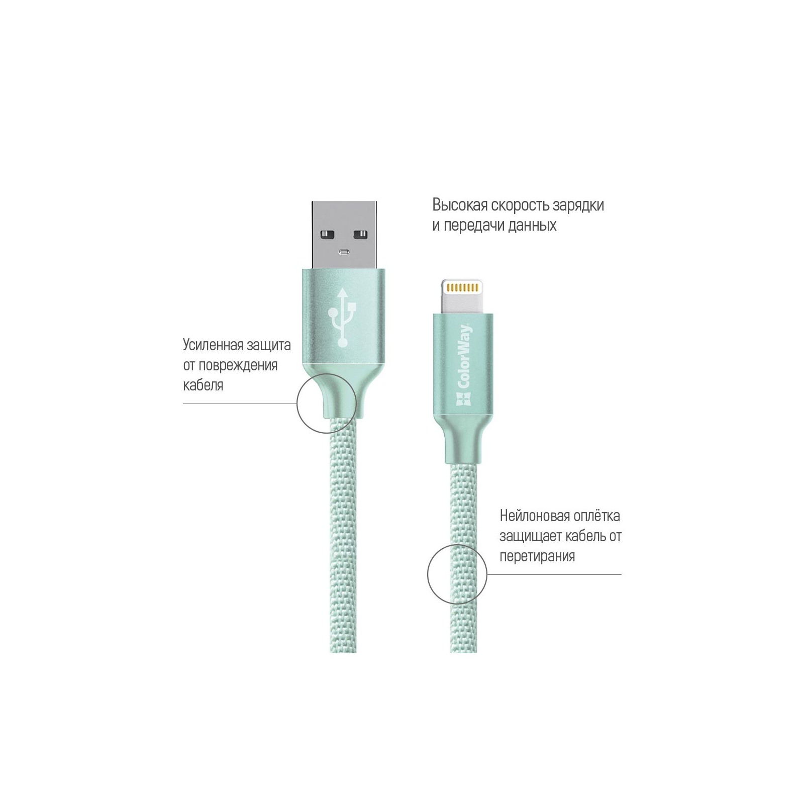 Дата кабель USB 2.0 AM to Lightning 2.0m mint ColorWay (CW-CBUL007-MT) зображення 2