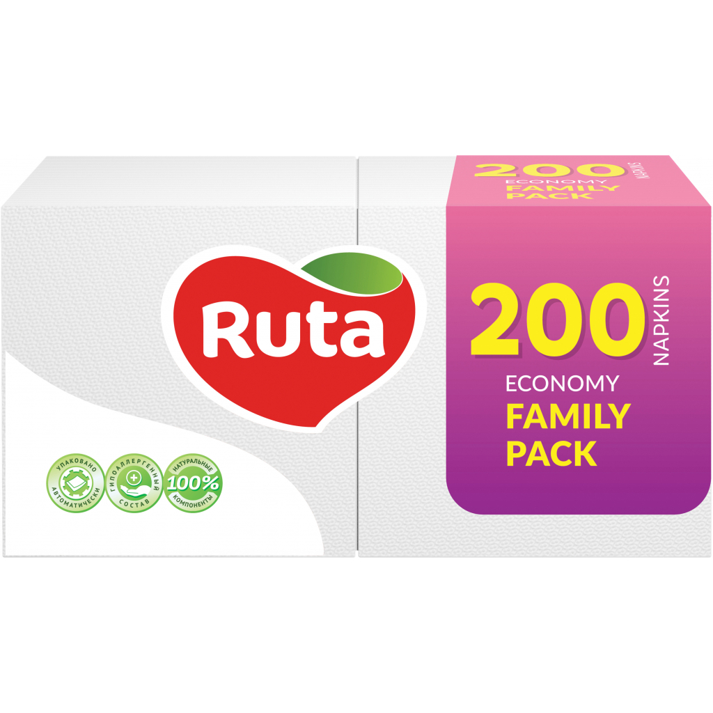 Серветки столові Ruta Family Pack 1 шар 24х24 см Білі 200 шт. (4820023743724)