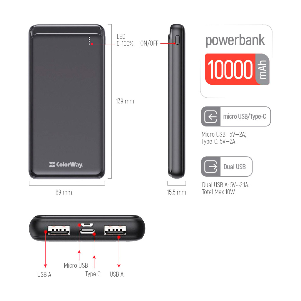 Батарея універсальна ColorWay 10 000 mAh Slim, Black (CW-PB100LPF2BK) зображення 4