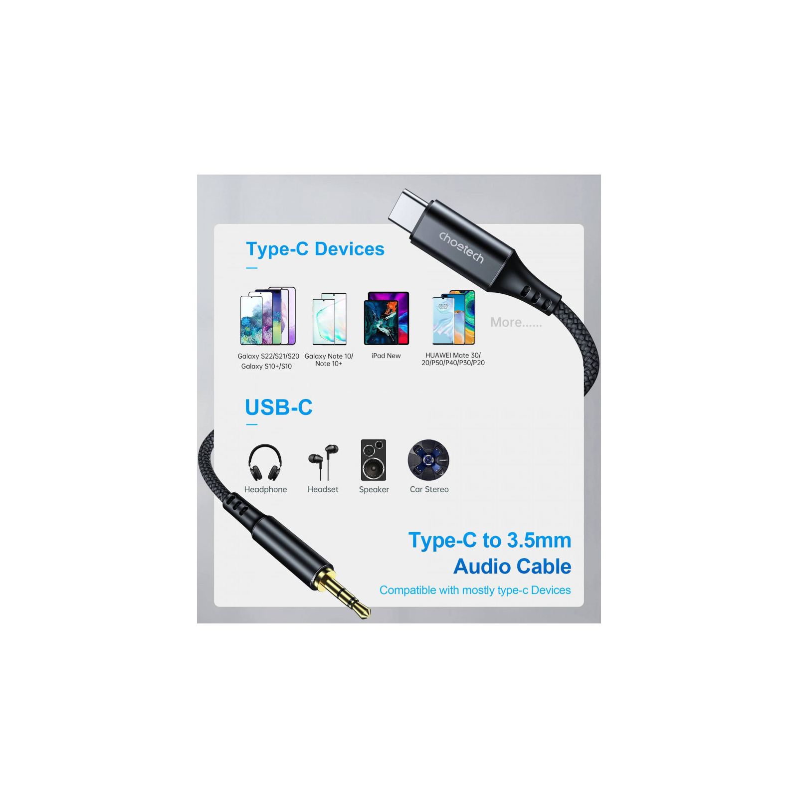 Кабель мультимедійний AUX USB-C to TRS Audio 3.5mm M/M DAC Chip 96kHz 1.0m black Choetech (AUX006) зображення 5