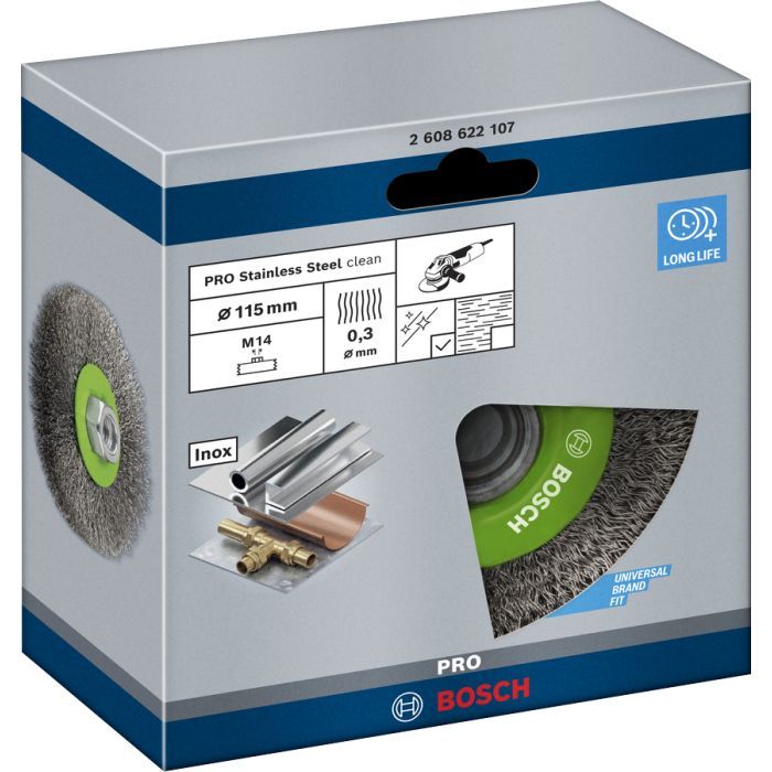Щітка для електроінструменту Bosch нержавіюча 115мм, 0.3мм, M14 (2.608.622.107) зображення 2