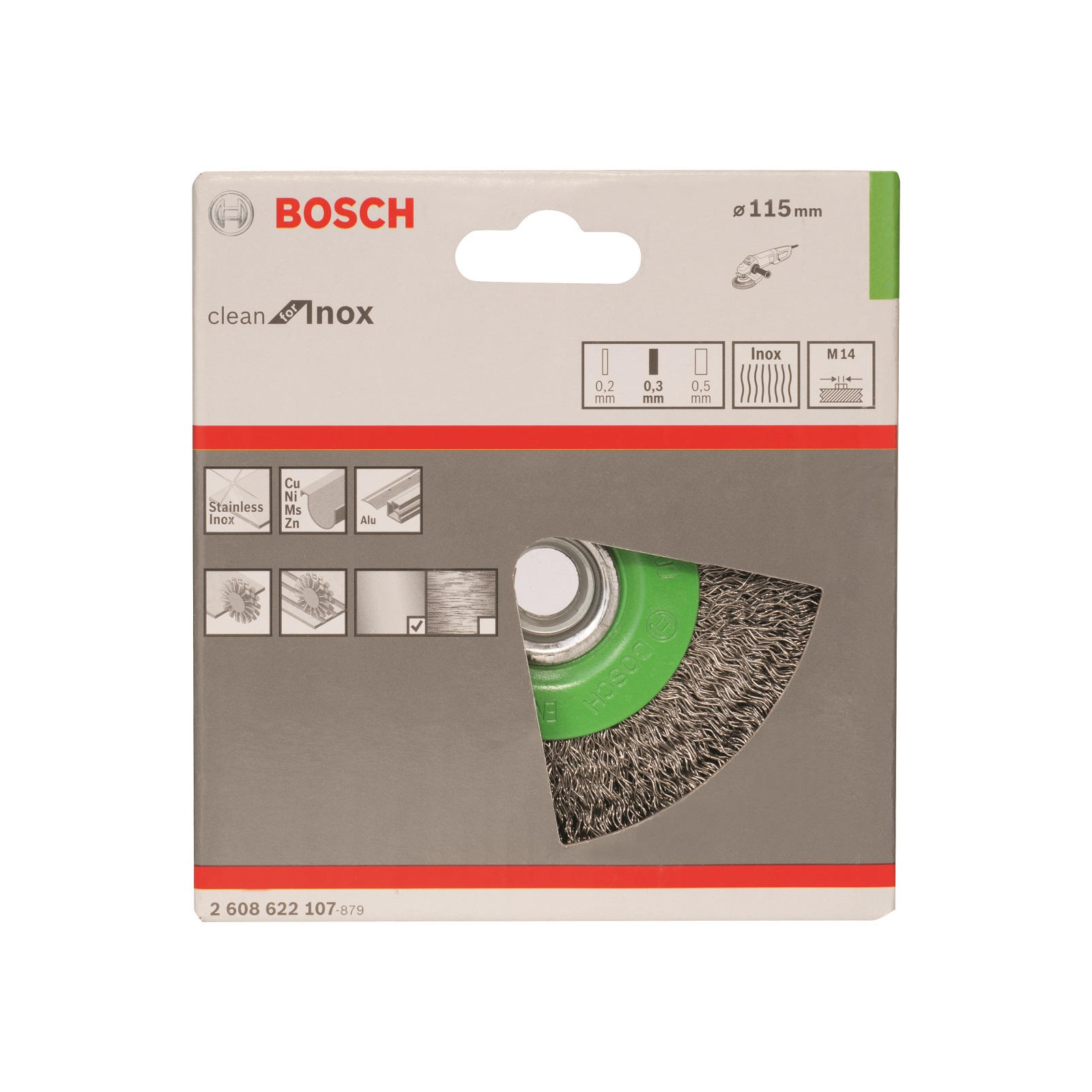 Щітка для електроінструменту Bosch нержавіюча 115мм, 0.3мм, M14 (2.608.622.107) зображення 2