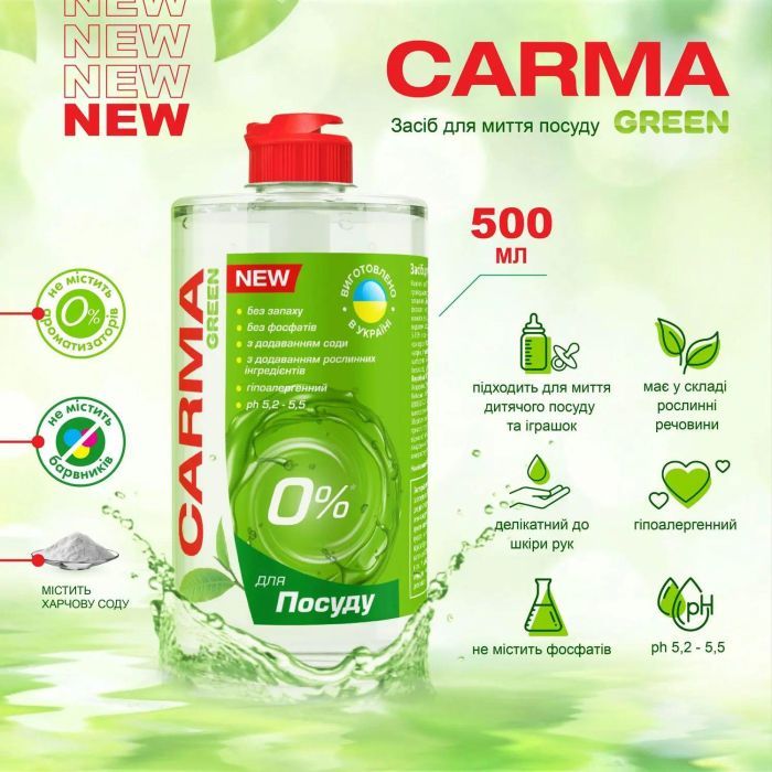 Средство для ручного мытья посуды Carma Green 500 мл (4823098414872) изображение 2