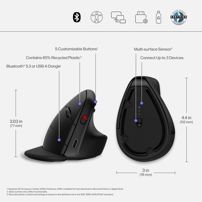 Мышка HP 920 Ergonomic Vertical Wireless/Bluetooth Black (6H1A4AA) изображение 2
