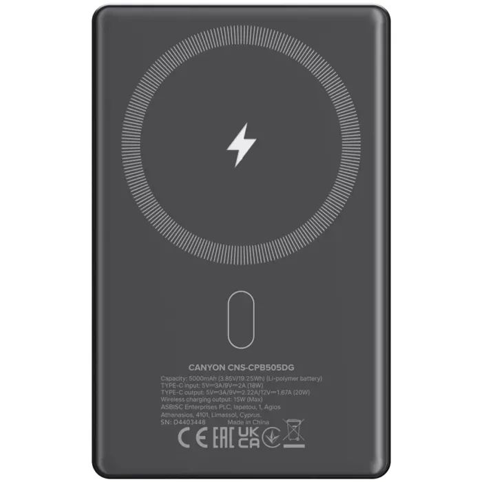 Батарея універсальна Canyon 5000mAh OnPower 505 slim Magsafe PD/20W Beige (CNS-CPB505BE) зображення 3