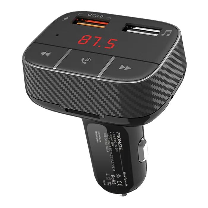 FM модулятор Promate SmarTune 2+ BLUETOOTH 5.0 USB QC 3.0 AUX/SD/USB BLACK (smartune-2+.black)