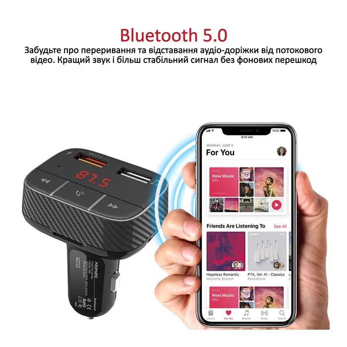 FM модулятор Promate SmarTune 2+ BLUETOOTH 5.0 USB QC 3.0 AUX/SD/USB BLACK (smartune-2+.black) изображение 2