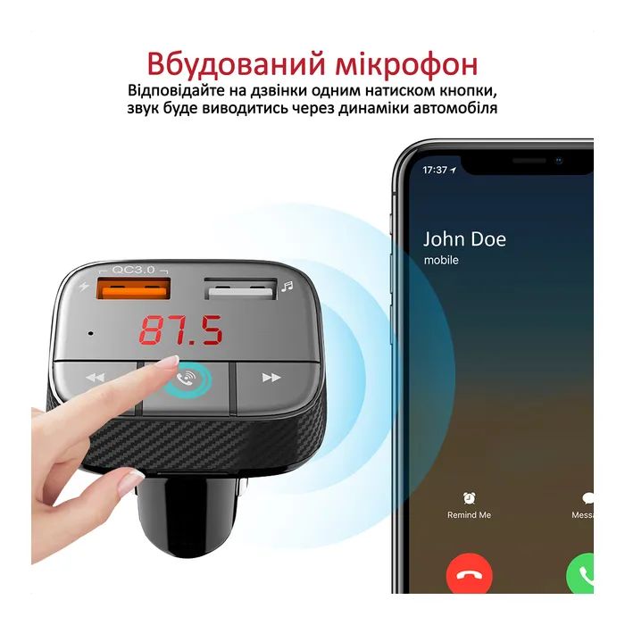 FM модулятор Promate SmarTune 2+ BLUETOOTH 5.0 USB QC 3.0 AUX/SD/USB BLACK (smartune-2+.black) изображение 4