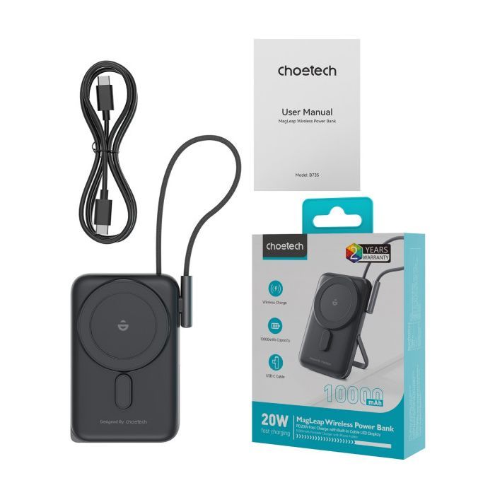 Батарея універсальна Choetech Magnetic Wireless 10000mAh 20W, PD, Qi-15W, USB-C In/Out, buid-in cabel, White (B735-CCWH) зображення 3