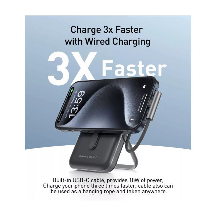 Батарея універсальна Choetech Magnetic Wireless 10000mAh 20W, PD, Qi-15W, USB-C In/Out, buid-in cabel, White (B735-CCWH) зображення 5