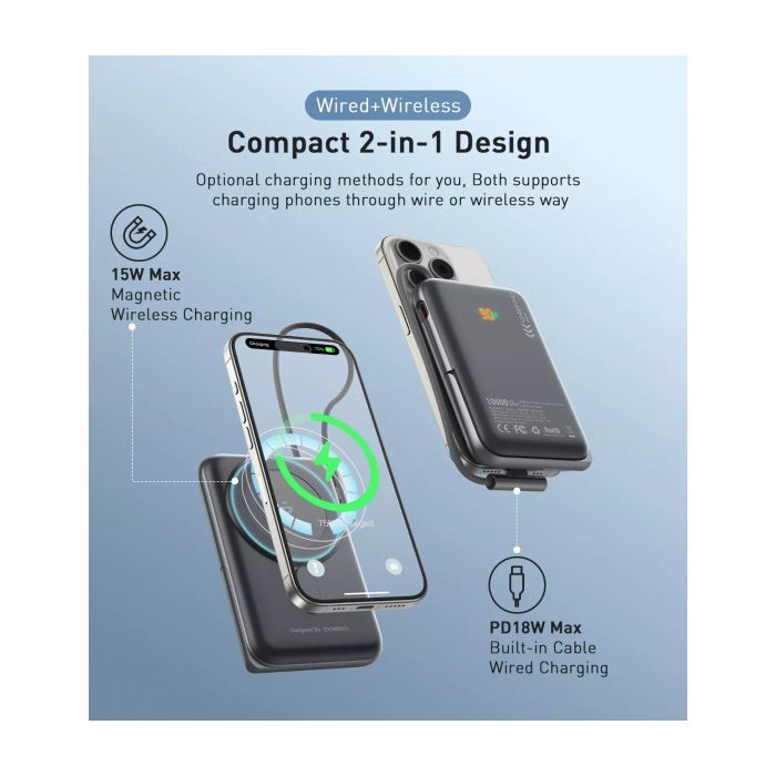 Батарея універсальна Choetech Magnetic Wireless 10000mAh 20W, PD, Qi-15W, USB-C In/Out, buid-in cabel, White (B735-CCWH) зображення 6