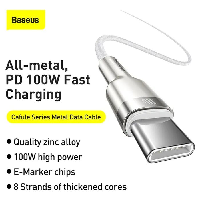 Дата кабель USB-C to USB-C 2.0m Cafule Metal PD 100W white Baseus (CATJK-D02) изображение 8