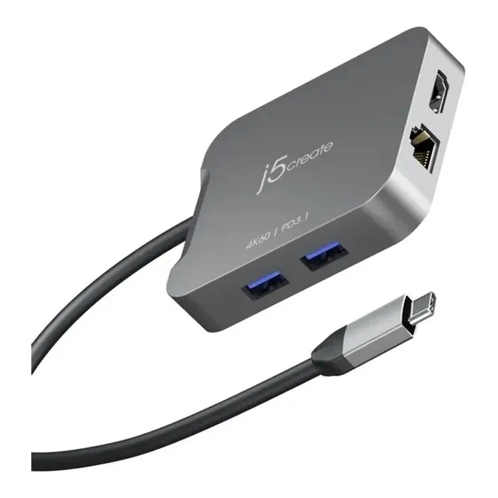 Концентратор J5create USB-C 5-in-1 1xHDMI + 1xUSB 3.2 + 1xUSB-C PD140W + 1xRJ45 1000Mbps gray (JCD3191-N)