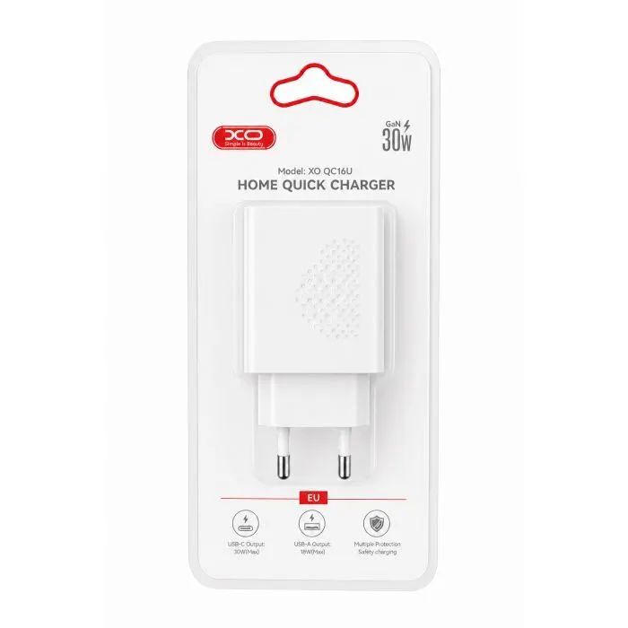 Зарядное устройство XO QC16U 1xUSB-C PD30W + 1xUSB QC3.0 GaN white (XO-QC16U) изображение 4