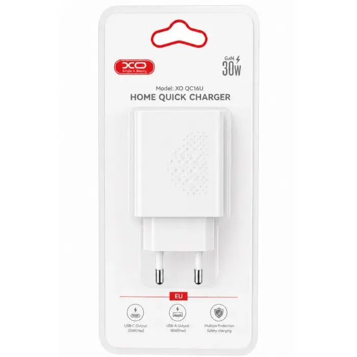 Зарядное устройство XO QC16U 1xUSB-C PD30W + 1xUSB QC3.0 GaN white (XO-QC16U) изображение 4