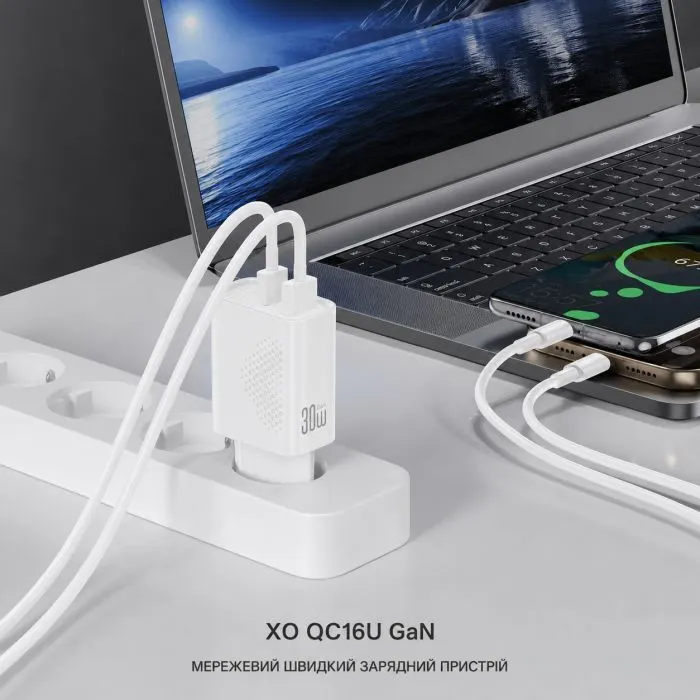 Зарядное устройство XO QC16U 1xUSB-C PD30W + 1xUSB QC3.0 GaN white (XO-QC16U) изображение 5